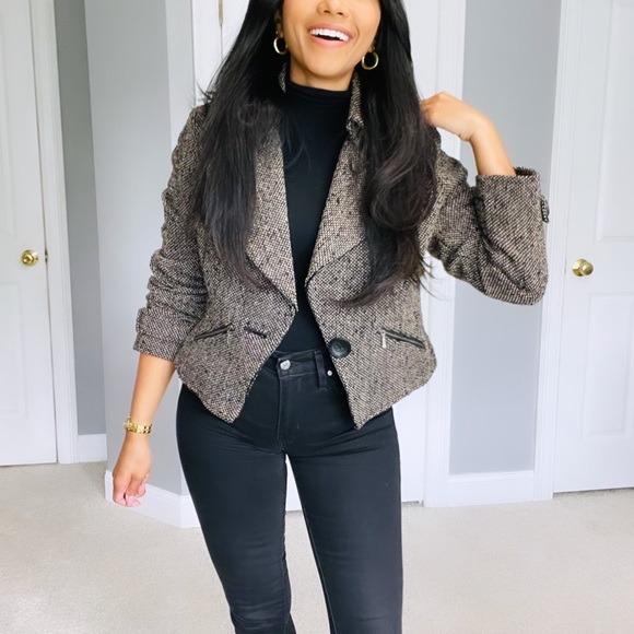 CAbi Jackets & Blazers - Cabi | Black Tan Wool Blend Tweed Biker Jacket Blazer 638 Cropped Moto Jacket
